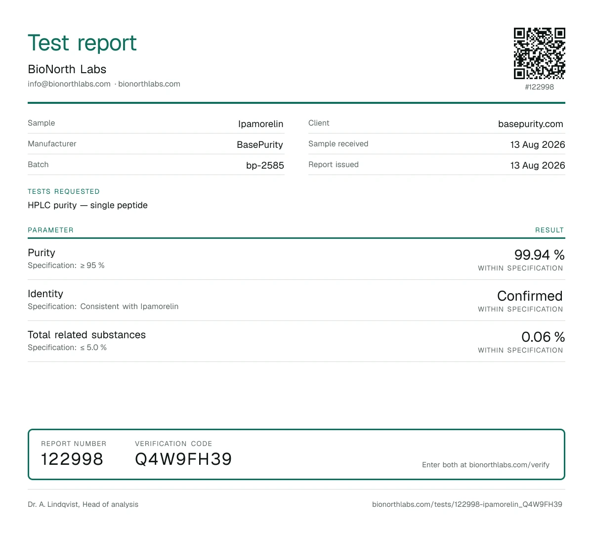 Testrapport 122998 van Ipamorelin, BioNorth Labs